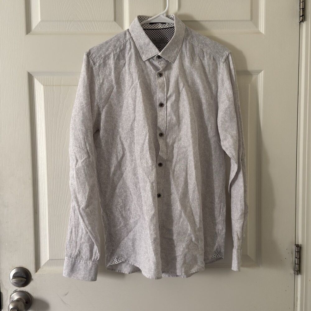 Ted Baker Woven Long Sleeve Button-Up Shirt Gray Palm Leaf Men’s Size M